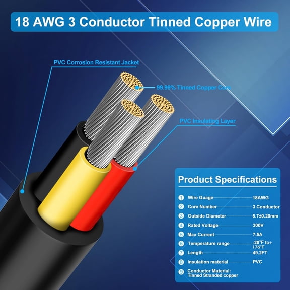 OTGFRF-18 Gauge 3 Conductor Electrical Wire, 49.2FT Low Voltage 18/3 Tinned Copper Stranded 3 Wire Cable, 18 AWG Black Flexible Extension Power Cord for Automotive, LED Lamp, Outdoor Landscape Lighti