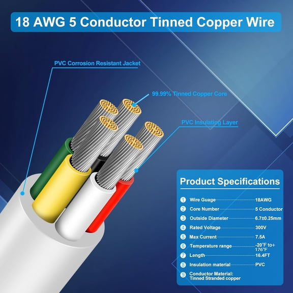 OTGFRF-18 Gauge 5 Conductor Electrical Wire, 16.4 FT Low Voltage 18/5 Tinned Copper Stranded 5 Wire Cable, 18 AWG White Flexible Extension Cord for Sprinkler, Thermostat, Speaker, Irrigation, Automot