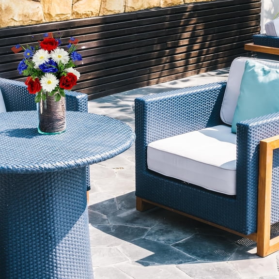 OTGFRF-18 Stems Artificial Blooming Peony, Gerbera Daisy with Small American Flags, Fillers Mixed Flowers Bush for Memorial Day, Red/Blue/White, 2 Pieces