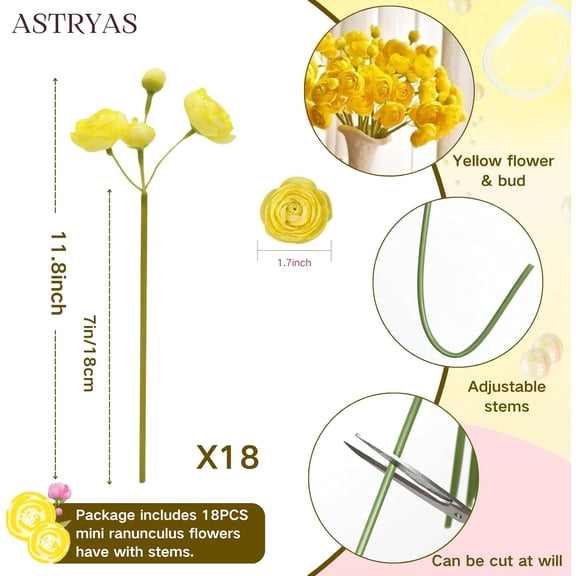 OTGFRF-18Pcs Ranunculus Artificial Flowers, Yellow Faux Silk Mini Peony Flowers Fake Peonies Wedding Flowers DIY Bouquet for Centerpieces Arrangements Bridal Shower Decorations