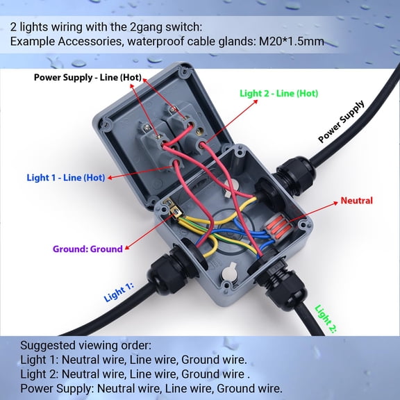 OTGFRF-1PK IP66 Waterproof Outdoor Switch, SPDT Single Pole Double Throw, 2 Way Dual Light Switch for Outdoor Garden, Weatherproof, 2Gang 10A Grey