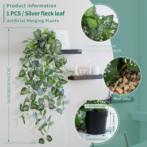 OTGFRF-2 Pack 39-in Long Fake Hanging Plant with Pot Faux Pothos Artificial Potted Plants Small Faux Ivy Vine Plant for Indoor Outdoor Aesthetic Office Living Room Shelf Decor (Black Pot)