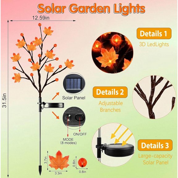 OTGFRF-2 Pack 40LED Solar Outdoor Maple Leaf Lights for Fall Decor-3D Maple Pumpkin Thanksgiving Lights with 2 Modes | Waterproof Solar Garden Lights for Yard, Pathway, Halloween, Christmas Decoratio