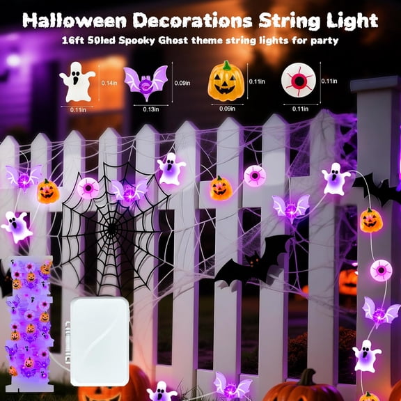 OTGFRF-2-Pack 50LED Halloween Day Fairy Lights - 16ft Super Bright 3D Pumpkin Bat Ghost String Lights Battery Operated Decor for Indoor/Outdoor Party Home Bedroom Yard Windows Doors Winter Decor