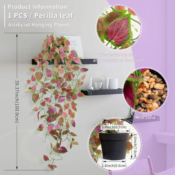 OTGFRF-2 Pack Artificial Purple Ivy Hanging Vine Plants - Small Potted Long Trailing Cascading Foliage, Gothic Home Decor for Indoor/Outdoor, Office, Garden & Shelf (Black Pot Included)