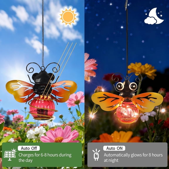 OTGFRF-2 Pack Bee Outdoor Decor with Bouncy Springs Pendant Lights Birthday Gifts for Women Mom Grandma,Hanging Solar Lights Outside Waterproof Metal Solar Garden Decoration for Porch,Yard,Patio