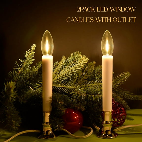 OTGFRF-2 Pack Christmas Electric Window Candle Lights with Gold Base Outlet, 6FT Window Candle Lights Cord with 0.6W C26 Clear Bulb On/Off Switch Plug-in 2 Suction Cups for Christmas Window Home Deco