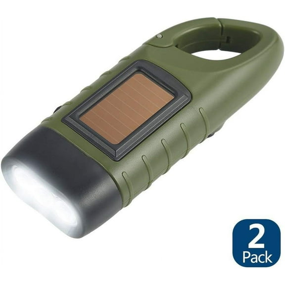 OTGFRF-2-Pack Hand Crank Solar Powered Flashlight, Emergency Rechargeable LED Survival Flashlight, Quick Snap Carbiner Dynamo Flash Light Torch for Outdoor Sports, Green