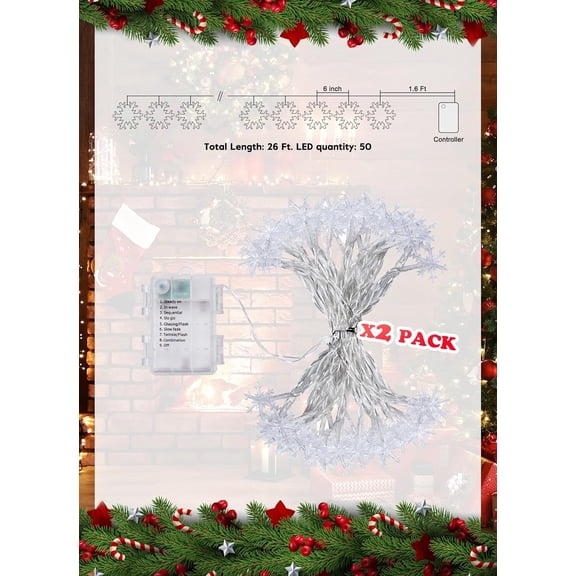 OTGFRF-2 Pack Ourdoor Snowflakes Lights, 50 LED 26 Ft Snowflakes Holiday Lights with Battery Operated, 8 Lighting Modes, Waterproof Shatterproof Snowflake Decorative Xmas Fairy Lights for Room Garden