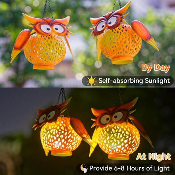 OTGFRF-2 Pack Owl Hanging Solar Lanterns Waterproof Solar Garden Lights Outdoor Decorative Metal Owl Lamp Decor for Patio Yard Table