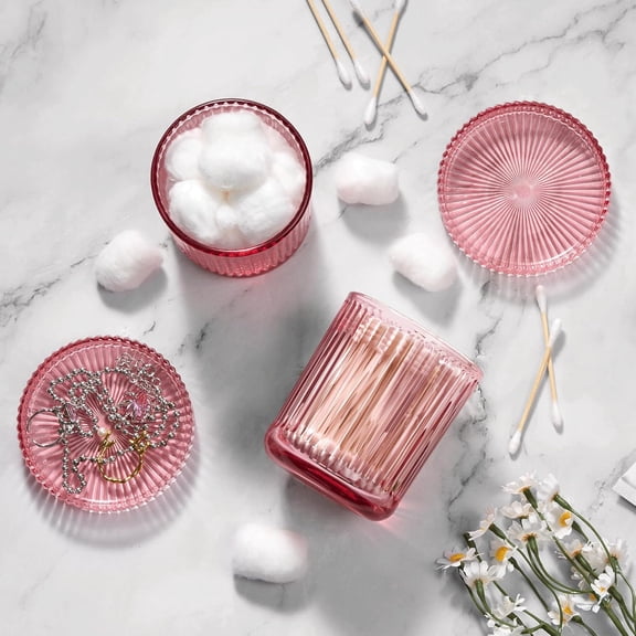 OTGFRF-2 Pack Qtip Holders for Bathroom, Clear Glass Apothecary Jars with Lids,Vintage Bathroom Canisters for Cotton Balls,Swabs,Floss Picks,Hair Ties,Vanity Organizer and Storage Decor (Pink)