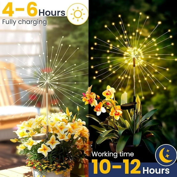 OTGFRF-2 Pack Solar Firework Lights 200 LED Create Magical Nights, Waterproof Starburst Fairy Lights for Garden Yard Patio Christmas Romantic Wedding Party Decor(Warm White)