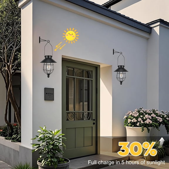 OTGFRF-2 Pack Solar Lantern Outdoor Hanging Light Waterproof Metal Solar Lamp for Yard Garden Pathway Patio Porch Decor(Black)