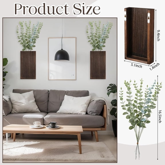 OTGFRF-2 Pack Wood Wall Planter Vase with Artificial Plants Indoor Plants Holder Pocket Farmhouse Wooden Vases Wall Flower Hanging Plant Decor for Bedroom Kitchen Office Home(Eucalyptus,Wood)