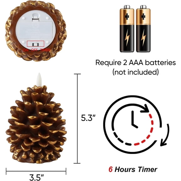 OTGFRF-2 Pcs Flameless Pine Cone Candle, LED Candles with 6H Timer, Real Wax Battery Operated Candles for Fireplace Decor, Holiday Indoor Decoration,Brown(D3.5 x H5.3 Inch)