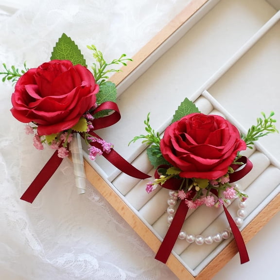 OTGFRF-2 Pieces Homecoming Party Prom Artificial Rose Corsage and Boutonniere Set, Simulation Flowers Accessories for Wedding Celebration Business Event Suit Decor- Red (M7-Y2-S-MG)