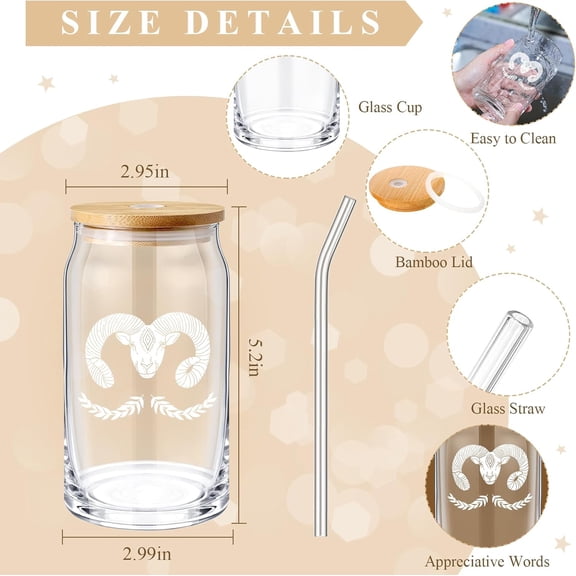 OTGFRF-2 Set Christmas Zodiac Gift for Women 16 oz Celestial Zodiac Signs Glass Cup with Lids Straws Horoscope Flower Sign Make up Bag 12 Constellations Thanksgiving Gift for Men Birthday(Aries)