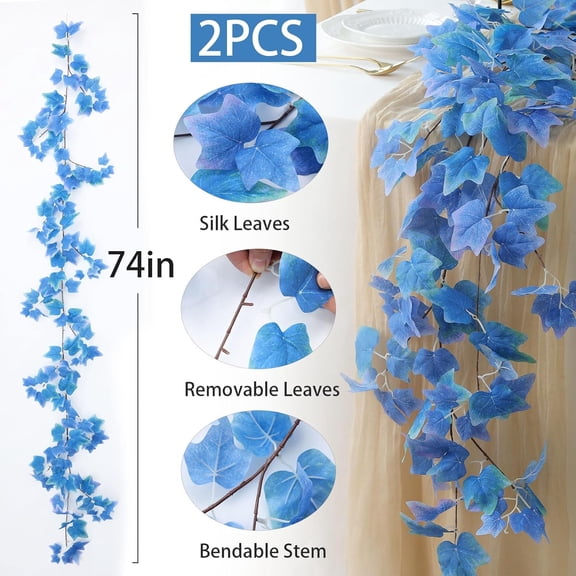 OTGFRF-2 Strands Artificial Vines Blue Ivy Garland 74" Fake Vine with Silk Leaves Faux Hanging Plants Greenery Decoration for Outdoors Wedding Party Indoor Bedroom Home Wall Room Decor (Blue)