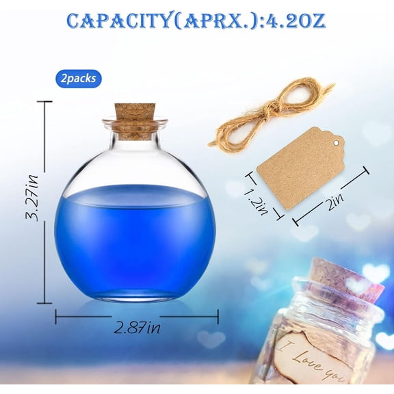 OTGFRF-2 pack Glass Potion Bottles with Corks 5oz Empty Spherical Jars for DIY Crafts Decorative Clear Ball Bottle with Wood Stopper for Halloween Decor