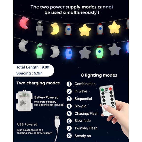 OTGFRF-20 LED Space Themed String Lights with Spacemen, Rockets, Stars and Moons, USB & Battery Operated with Remote Control,Star Light Perfect for Kids' Rooms, Party and Christmas Decorations