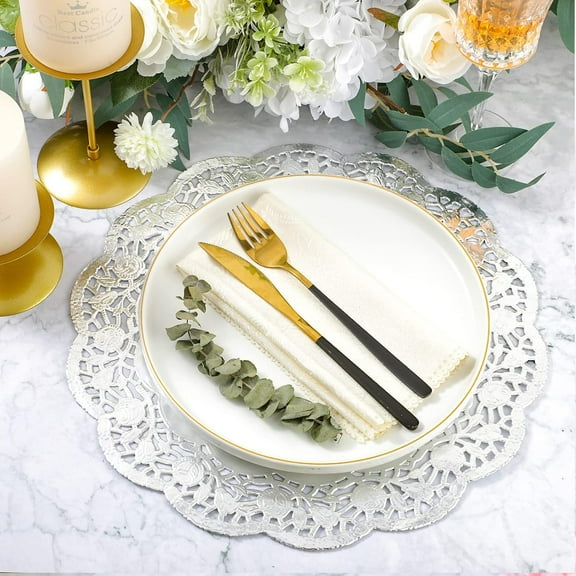 OTGFRF-200 Pcs Doilies Lace Paper Doilies 14 Inches Disposable Foil Lace Placemats Large Round Paper Pad Placemats for Cakes Crafts Wedding Birthday Party Decoration(Silver)