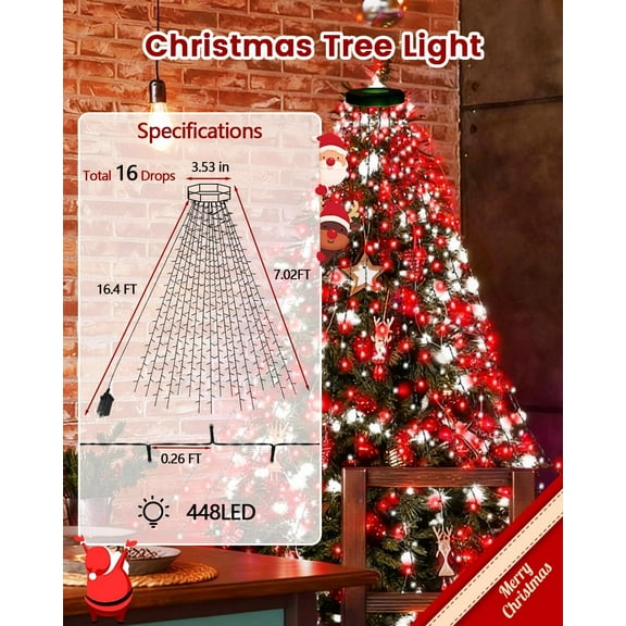 OTGFRF-2025 New Christmas Tree Lights Indoor with Voice Control & Remote | 448LED Waterfall Tree Topper Lights with 12 Modes & Timer, 7FT x 16 Lines Cascading Twinkle Lights for 7FT Xmas Decor(Red Wh