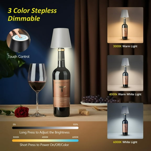 OTGFRF-2025 New Wireless Bottle Lamp - LED Bottle Lights for Liquor & Wine Bottles, Cordless Lampshade, Whiskey Bottle Top Light, Bottle Stopper Night Light Kit, Rechargeable 3-Tone Touch-Dimmable