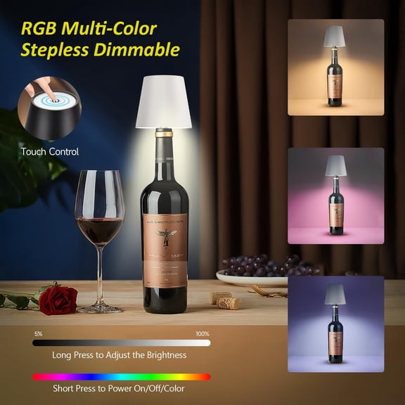 OTGFRF-2025 New Wireless Bottle Lamp - LED Bottle Lights for Liquor & Wine Bottles, Cordless Lampshade, Whiskey Bottle Top Light, Bottle Stopper Night Light Kit, Rechargeable RGB Remote & Touch-Dimma