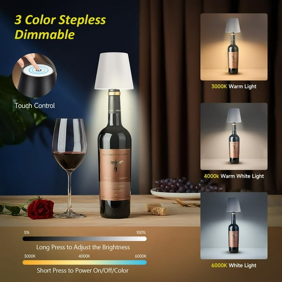 OTGFRF-2025 New Bottle Lamp - LED Bottle Lights for Liquor & Wine Bottles, Cordless Lampshade, Whiskey Bottle Top Light, Bottle Stopper Night Light Kit, Black + White Two-Piece Set