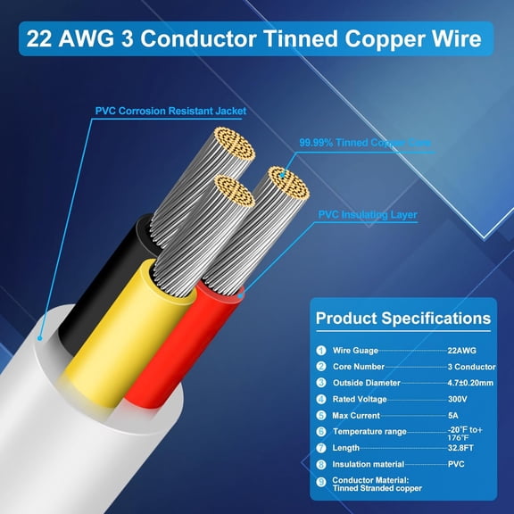 OTGFRF-22 Gauge 3 Conductor Electrical Wire, 32.8FT Low Voltage 22/3 Tinned Copper Wire, 22 AWG 3 Wire Cable, Flexible Extension Cord for LED Strips Light, Outdoor Waterproof Stranded Wires