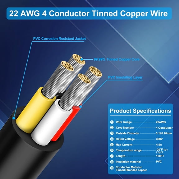 OTGFRF-22 Gauge 4 Conductor Wire, 100FT 22/4 Tinned Copper 4 Wire Cable, Stranded Electrical Wires for Speaker,Automotive,Thermostat,Trailer,Irrigation,Sprinkler Etc