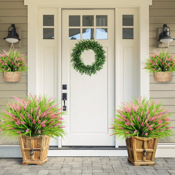 OTGFRF-24 Bundles Artificial Plants Outdoor Faux Lavender Flowers Fake Monkey Grass UV Resistant Plastic Greenery Plants for Garden Home Porch Window Patio Hanging Planter Indoor Decor(Pink)