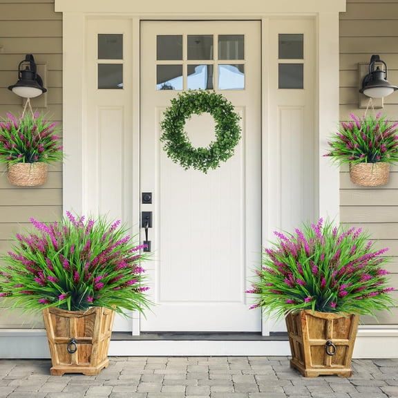 OTGFRF-24 Bundles Artificial Plants Outdoor Faux Lavender Flowers Fake Monkey Grass UV Resistant Plastic Greenery Plants for Garden Home Porch Window Patio Hanging Planter Indoor Decor (Magenta)
