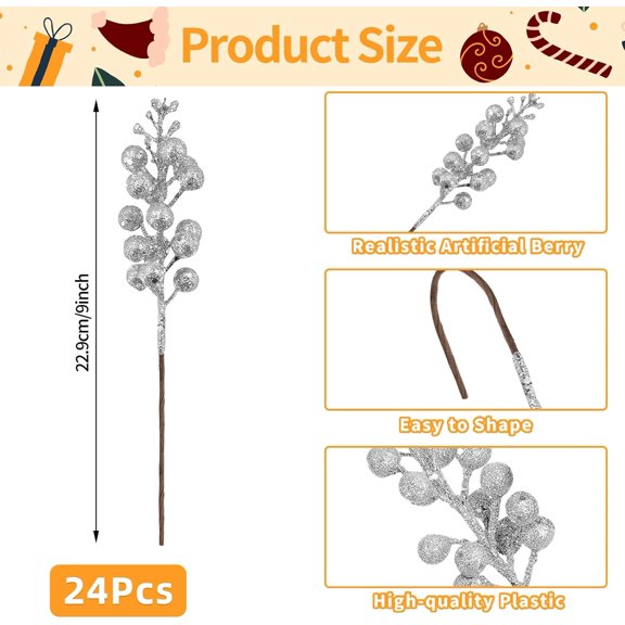 OTGFRF-24 Pack 9 Inches Glitter Artificial Berry Stems, 15 Berries per Stem, Christmas Tree Picks Ornaments, DIY Xmas Wreath, Floral Arrangements Home Dcor, Winter Wonderland Decoration (24, Silver,