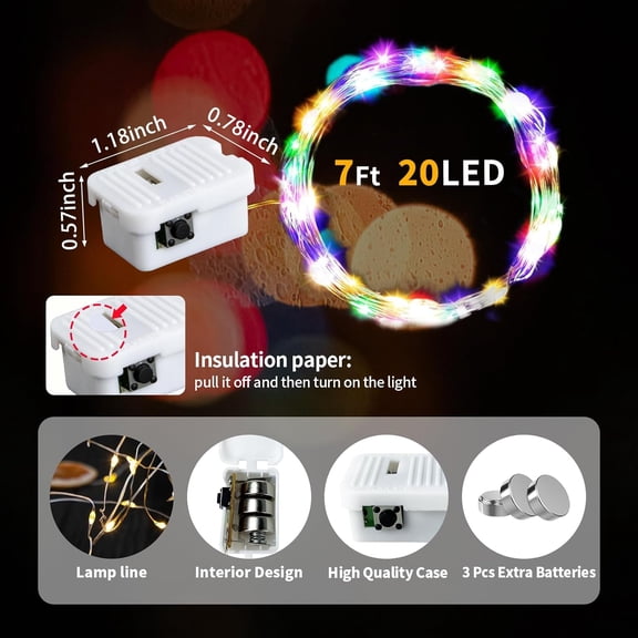 OTGFRF-24 Pack Fairy Lights,Silver Wire String Lights Waterproof,Battery Operated 7FT 20LED Firefly Starry Moon Lights for DIY Christmas Wedding Party Bedroom Decor - Colorful