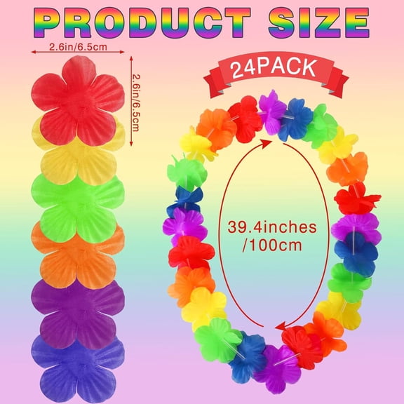 OTGFRF-24 Pack Hawaiian Rainbow Leis, Gay Pride Accessories Bulk for Women Colorful Flower Garland Hawaiian Luau Flowers Necklace for LGBT Pride Party Favors Decorations