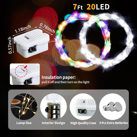 OTGFRF-24 Pack Mixed Colors Fairy Lights, Silver Wire String Lights, Waterproof, Battery Powered 7FT 20LED Firefly Star and Moon Lights for DIY Christmas Wedding Party Bedroom Decoration - Colorful a