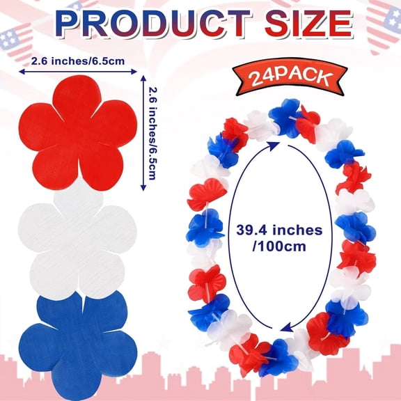 OTGFRF-24 Pack Patriotic Leis Red White and Blue Flower Leis, 4th of July Garlands Hawaiian Luau Flower Necklaces Bulk for Fourth of July, Memorial Day, Independence Day Decorations Party Favors