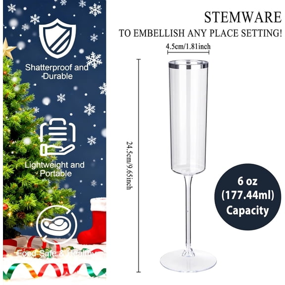 OTGFRF-24 Pack Silver Plastic Champagne Flutes - 6 Oz Disposable Champagne Glasses - Square Silver Rim Plastic Toasting Glasses for Party Birthday Anniversary Wedding