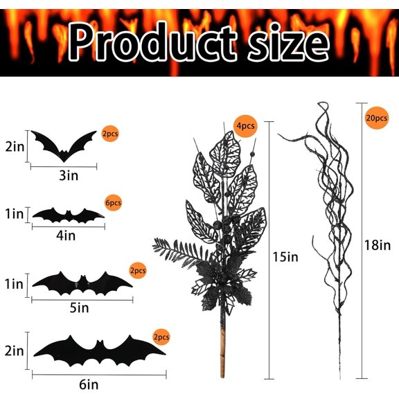 OTGFRF-24 Pcs Artificial Halloween Branches Picks Ornaments with 12 Pcs Bats- Fake Black Berry & Flowers Stems Curly Willow Branches- Faux Glitter Black Floral Twig Stems Sticks for Halloween Xmas Ho