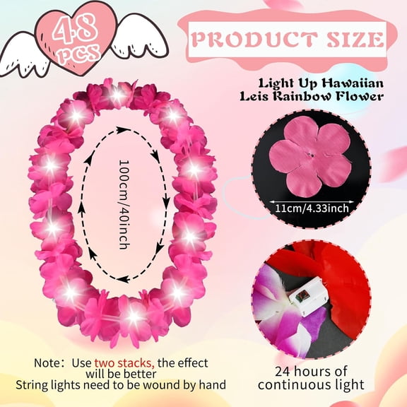 OTGFRF-24 Pcs LED Light Up Wedding Hawaiian Leis Flower Necklace with LED Lights - Beach Tropical Carnival Party Wedding Supplies Luau Leis for Masquerade (Hot Pink)