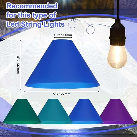 OTGFRF-24 Pcs Shades for LED String Light, 5 Outdoor Light Bulb Cover Decorative Cone Lampshade Tapered Pendant Guard Lamp Shade for Wedding Outdoor Party Bistro(Lake Blue, Purple, Dark Blue, Green)