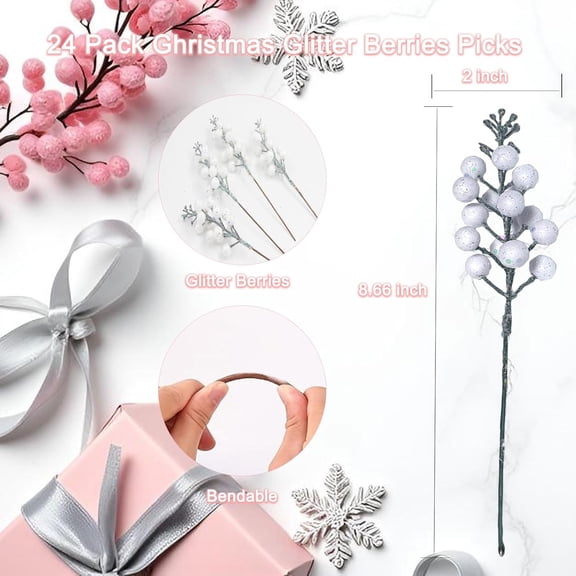 OTGFRF-24Pack Christmas Picks Glitter Berries Stems Artificial White Berry Branches Holly Picks Stems Christmas Tree Ornaments for DIY Xmas Wreath Crafts Gifts Holiday Home Decor (White)