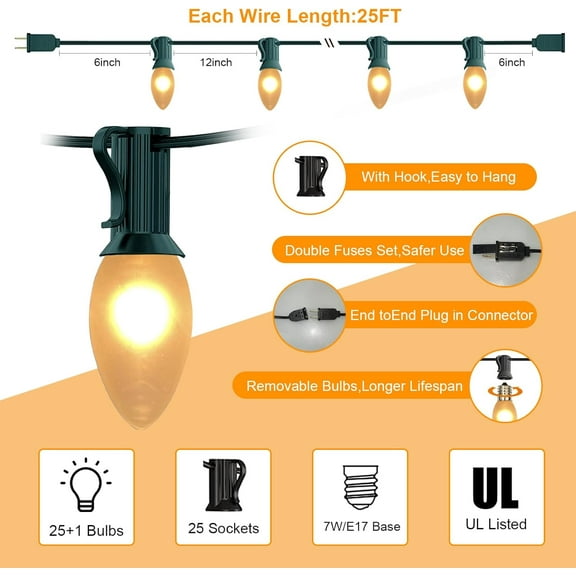 OTGFRF-25 FT C9 Frosted Christmas Lights,Warm White Outdoor Light with 26 Bulbs(1 Spare), C9/ E17 Base,Old Fashioned Christmas Lights for Roofline, Yard, Garden, Wedding Decorations