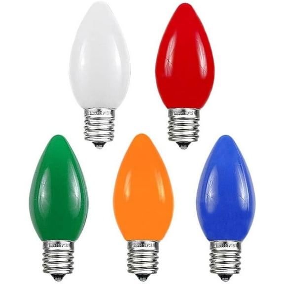 OTGFRF-25 Pack C7 Ceramic Style LED Christmas Lights, Opaque Multicolor Replacement Bulbs with E12 Base, Shatterproof Plastic, 3 Ultra-Bright SMDs Per Bulb, Energy Efficient 0.5W