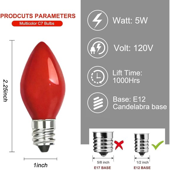 OTGFRF-25 Pack C7 Red Replacement Bulbs, 5W Ceramic Red Bulbs for C7 Christmas Outdoor String Lights, E12 Candelabra Base Night Light Bulbs