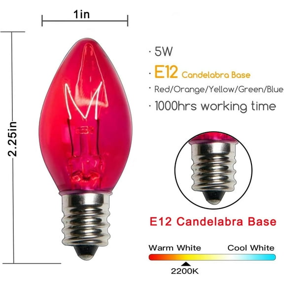 OTGFRF-25 Pack C7 Replacement Christmas Light Bulbs, 5 Watt Multicolor Glass Bulbs for E12 Candelabra Base, Clear Incandescent Christmas Bulbs, UL Listed Indoor Outdoor Holiday String Light Replaceme