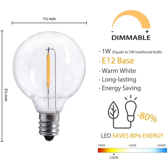 OTGFRF-25 Pack Shatterproof Led G40 Replacement Bulbs 1W Per Bulb, E12 Screw Base LED Globe Light Bulbs for Indoor Outdoor Plug in Patio String Lights, Not for Solar Lights