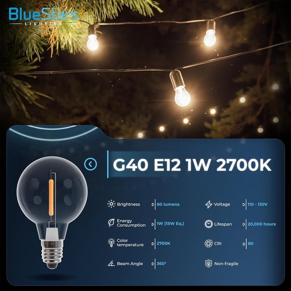 OTGFRF-25 Packs G40 LED Replacement Light Bulbs, E12 Screw Base, 1W Globe Bulbs 2700K Warm White Shatterproof for Holiday Christmas Decoration, Indoor & Outdoor String Lights