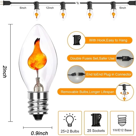 OTGFRF-25Ft Flickering Flame String Lights with 27 C7 Flicker Flame Lights Bulbs, C7/E12 Candelabra Base Halloween Christmas String Lights for Party Indoor Outdoor Decor, 1 Watt- Black Wire